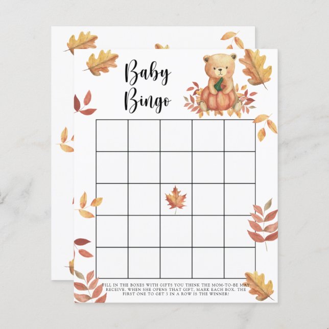 Jeu de bingo Baby shower - Citrouille et Ours (Devant / Derrière)