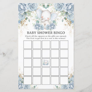 Jeu de bingo Baby Shower éléphant floral bleu