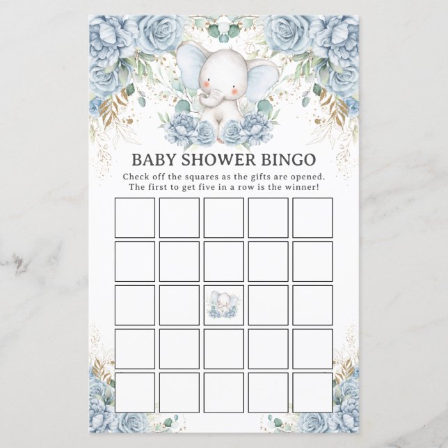 Jeu de bingo Baby Shower éléphant floral bleu (Devant)