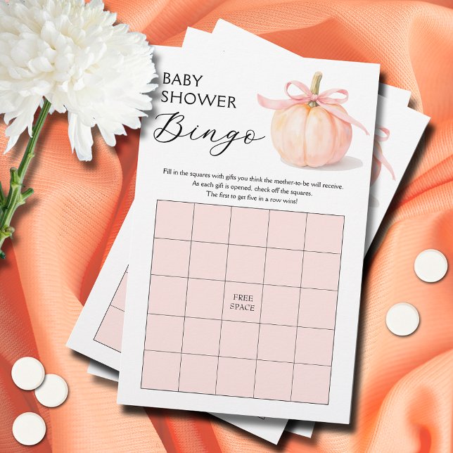 Jeu de Bingo Baby Shower Fille Citrouille à Ruban  (Pink ribbon and bow pumpkin girl baby shower bingo game cards)