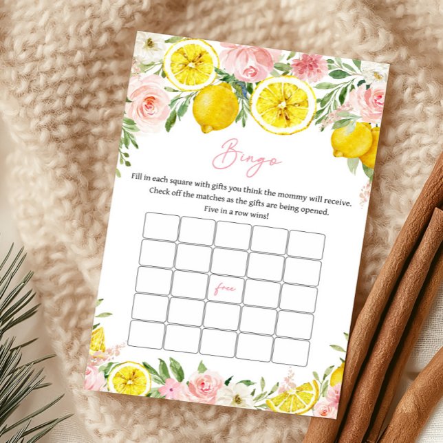 Jeu de bingo Baby Shower Fleur Rose Citron (Summer Lemon Citrus Baby Shower Bingo Game)