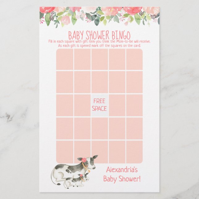 Jeu de Bingo Baby Shower Fleurie Vache (Devant)