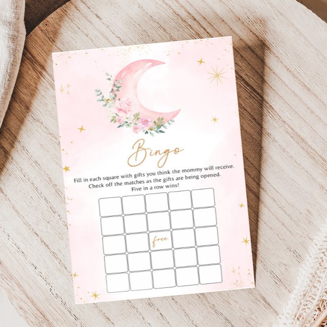 Jeu de Bingo Baby Shower Lune Rose et Étoiles (Floral Monn and Stars Baby Shower Game)