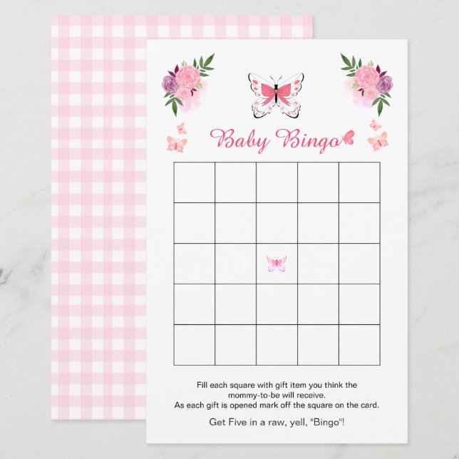Jeu de Bingo Baby Shower Mignon Petit Papillon  (Devant / Derrière)