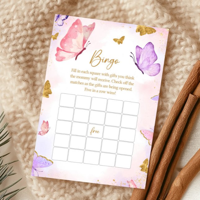Jeu de Bingo Baby Shower Papillon Rose Or Pourpre (Butterfly Baby Shower Game)