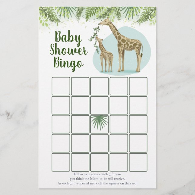 Jeu de Bingo Baby Shower Safari Girafe (Devant)