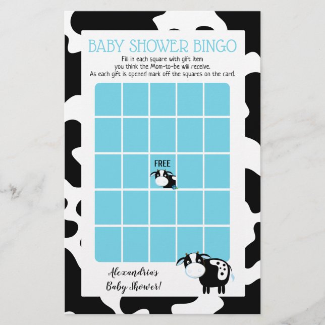 Jeu de Bingo Baby Shower Vache Laitière Bleue (Devant)