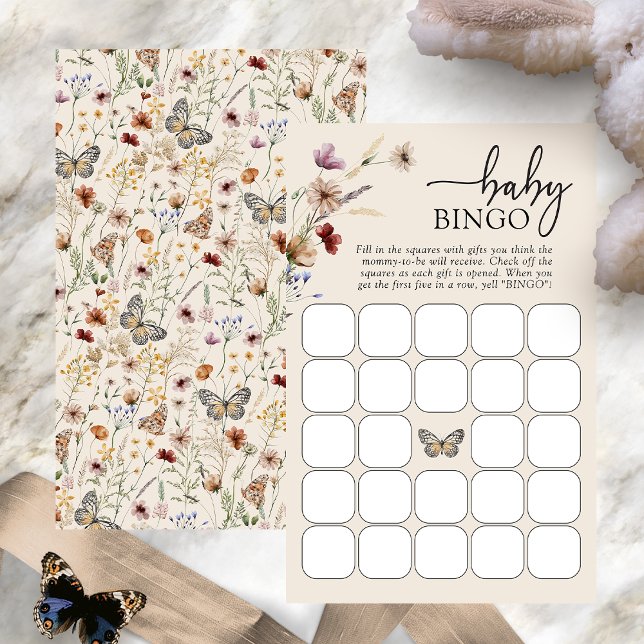Jeu de Bingo Bébé (Boho Wildflower Baby Bingo Game Card with Butterfly by Painted Paperie
)