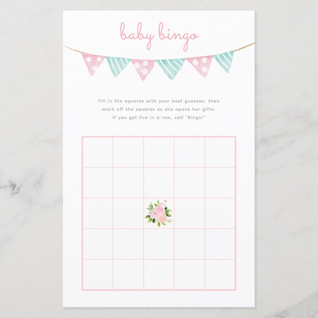 Jeu de Bingo Bébé - Baby shower Fleurs Roses (Devant)