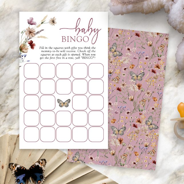 Jeu de Bingo Bébé Bohème Rose (Dusty Pink Boho Baby Bingo Game Card with Butterfly by Painted Paperie
)