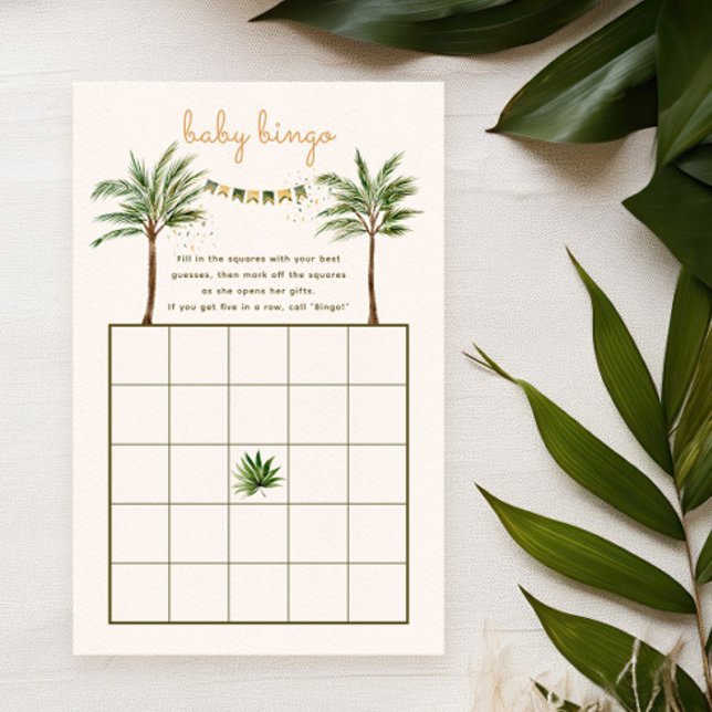 Jeu de bingo bébé Palmier Jungle Baby Shower (baby bingo card for a tropical baby shower party. Green and brown, gender neutral colors)
