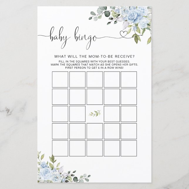Jeu de Bingo Bébé pour Baby Shower Botanique Bleu  (Devant)