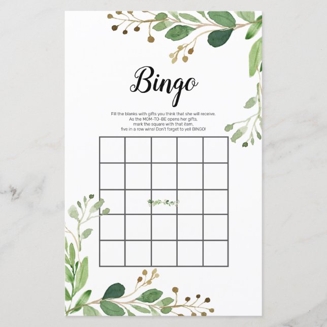 Jeu de bingo blanc Floral Green Aquarelle (Devant)