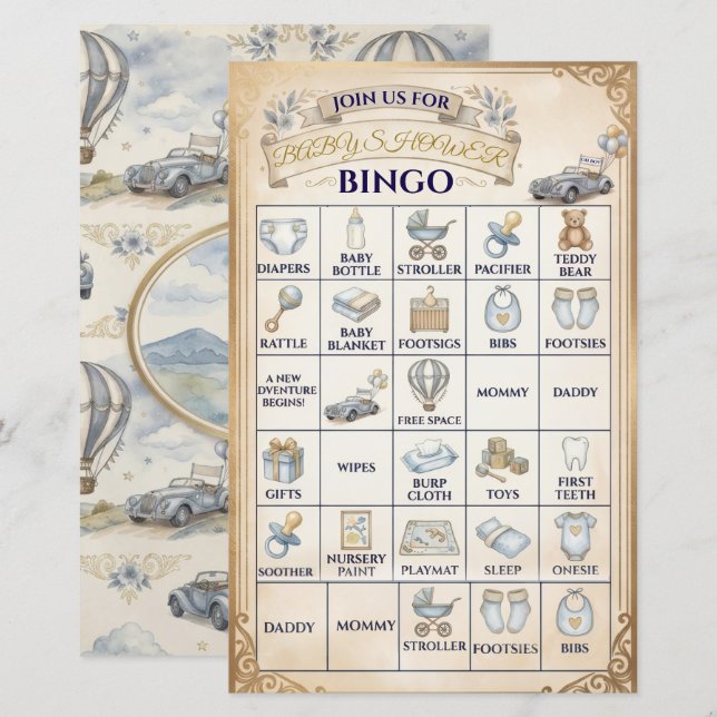 Jeu de Bingo de Baby Shower avec Montgolfière Vint (Devant / Derrière)