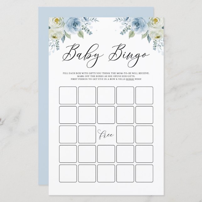 Jeu de bingo de baby shower floral aquarelle bleue (Devant / Derrière)