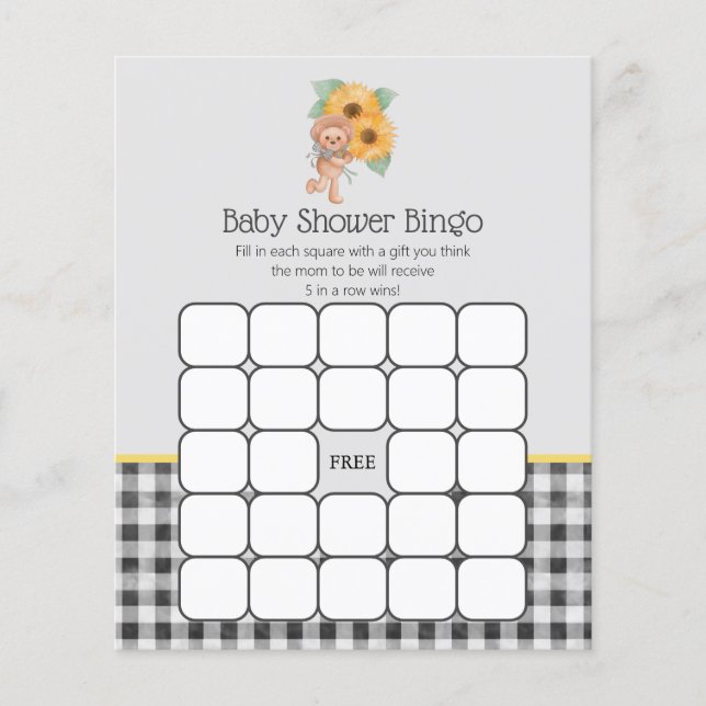 Jeu de Bingo de Baby Shower Ourson Tournesol Été (Devant)