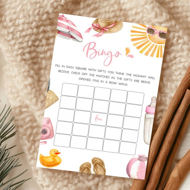Jeu de bingo de baby shower Rose Splish Splash (Girl Summer Beach Baby Shower Bingo Game)