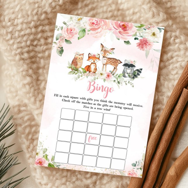 Jeu de bingo de douche florale rose de la forêt (Girl Woodland Animals Baby Shower Bingo Game)