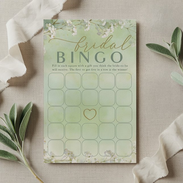 Jeu de bingo de mariage aux fleurs sauvages vertes (Bridal Bingo Shower Activity Card)