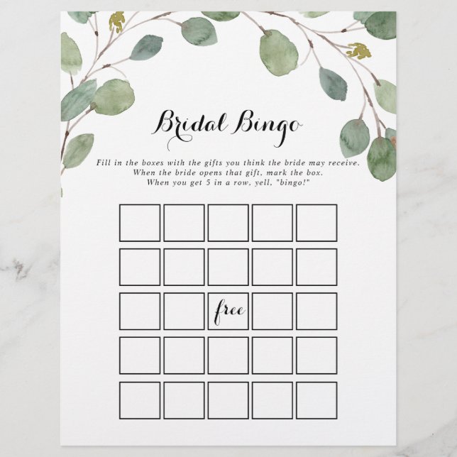 Jeu de bingo de mariage Eucalyptus vert (Devant)