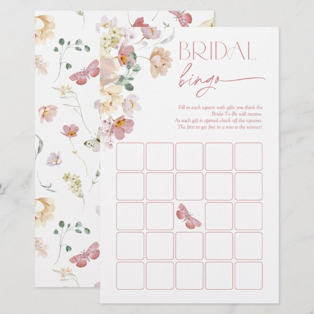 Jeu de bingo de mariage papillons rose floral (Devant / Derrière)