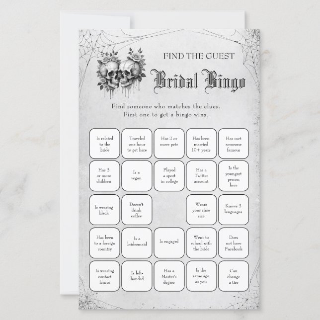 Jeu de bingo de mariage Skull Halloween pour trouv (Devant)