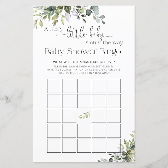 Jeu de bingo élégant pour baby shower avec verdure (Devant)