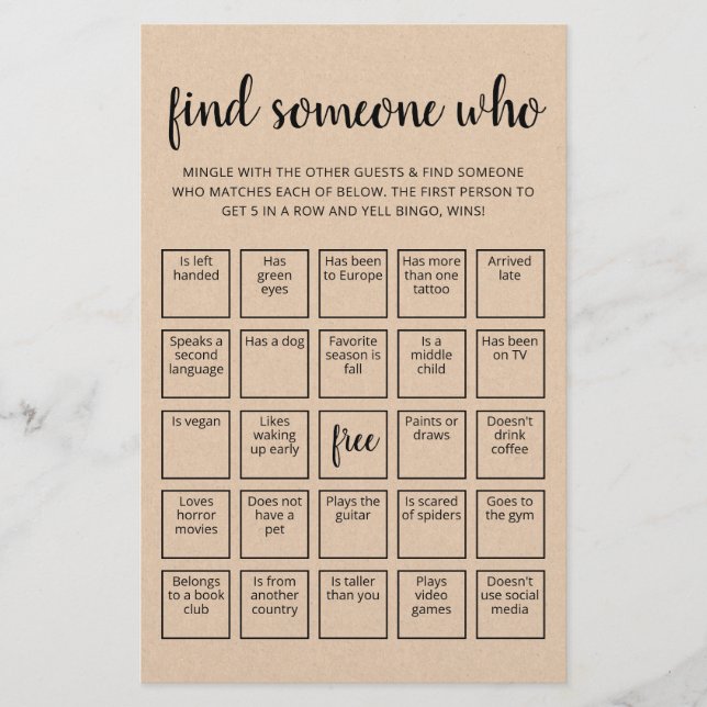Jeu de bingo modifiable pour trouver quelqu'un (Devant)