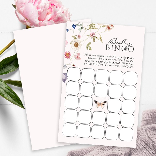 Jeu de Bingo pour Baby Shower (Pink Wildflower Tea Party Baby Shower Bingo Game Card Butterfly by Painted Paperie
)
