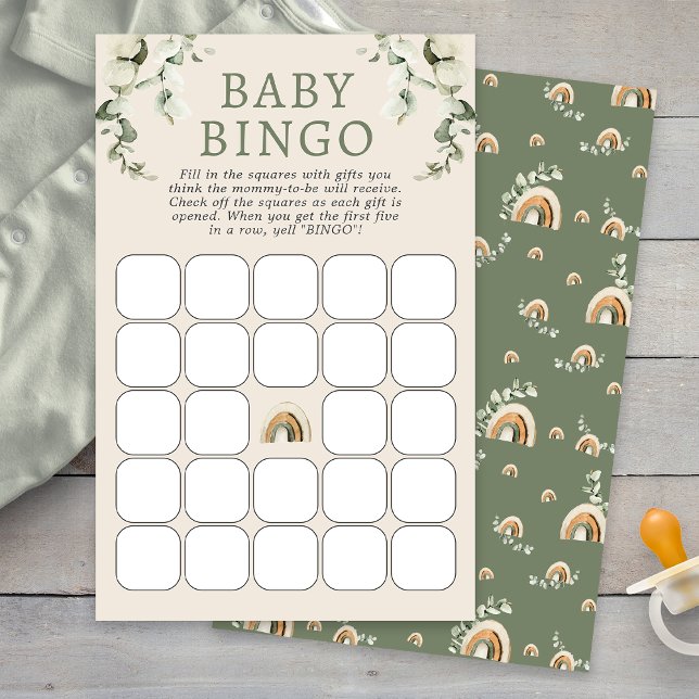 Jeu de Bingo pour Baby Shower Bohème (Boho Sage Green Eucalyptus Rainbow Baby Shower Bingo Game by Painted Paperie
)