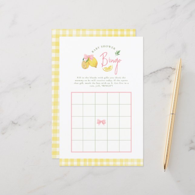 Jeu de bingo pour baby shower Citron rose citrus (Devant/Arrière en situation)