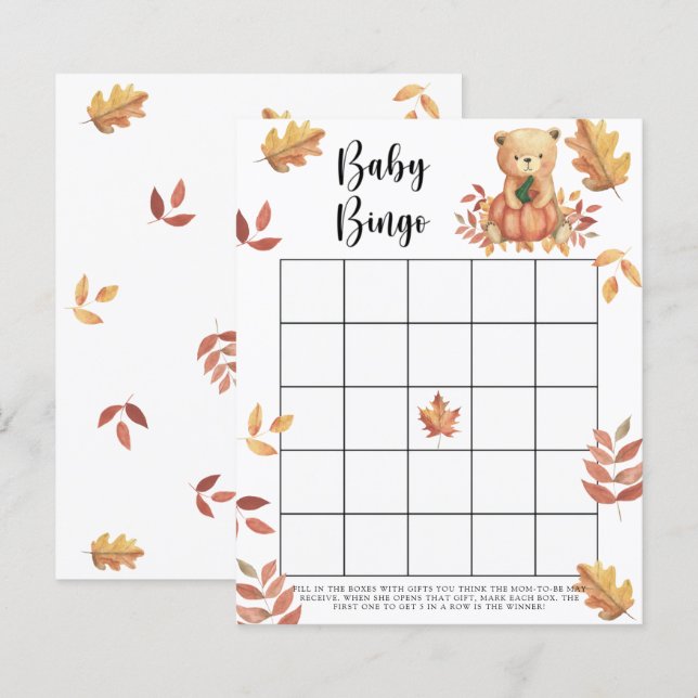 Jeu de bingo pour baby shower - Citrouille et Ours (Devant / Derrière)