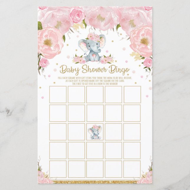Jeu de Bingo pour Baby Shower Éléphant Bébé Fille (Devant)