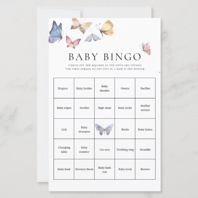 Jeu de Bingo pour Baby Shower Fille Papillon  (Devant)
