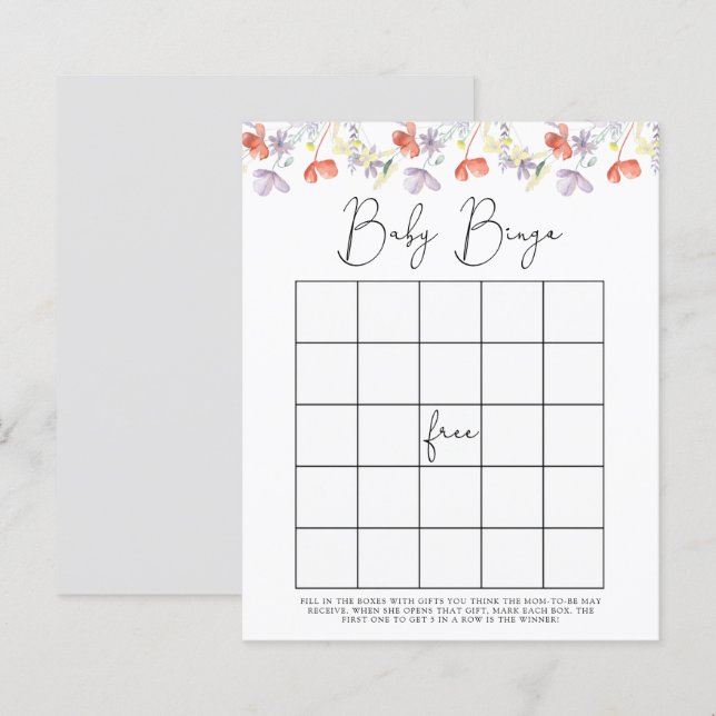 Jeu de bingo pour baby shower Fleurs sauvages (Devant / Derrière)