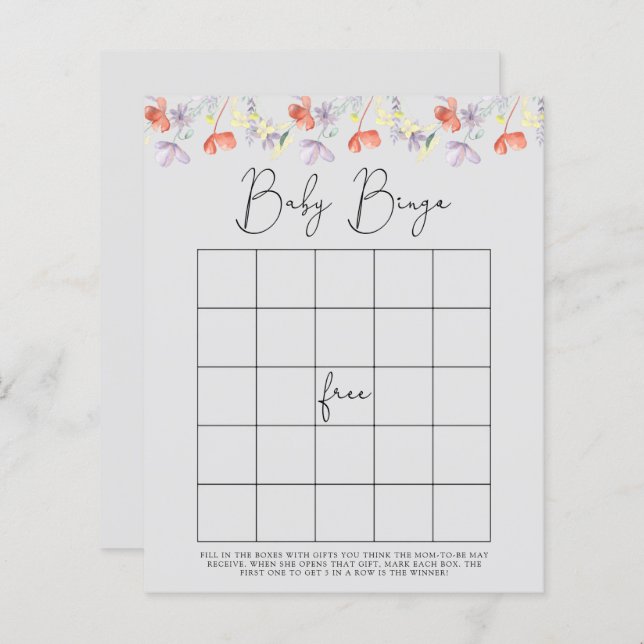 Jeu de bingo pour baby shower Fleurs sauvages (Devant / Derrière)