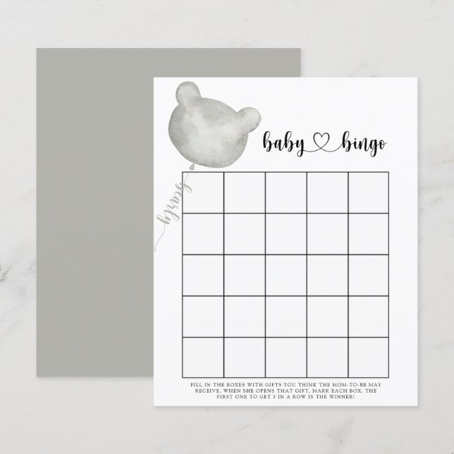 Jeu de bingo pour Baby shower Ours (Devant / Derrière)