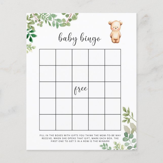 Jeu de bingo pour baby shower ourson (Devant)