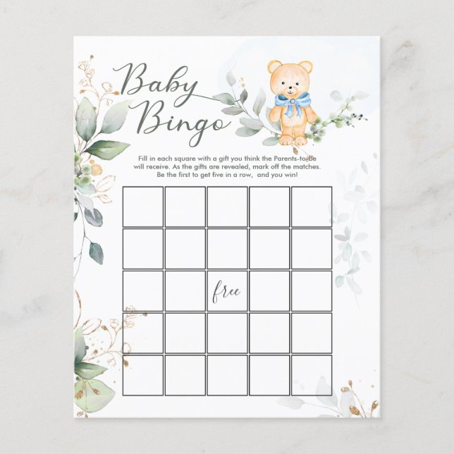 Jeu de Bingo pour Baby Shower Ourson Verdure Papie (Devant)