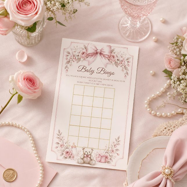 Jeu de Bingo pour Baby Shower, Ruban Rose Coquette (Créateur téléchargé)