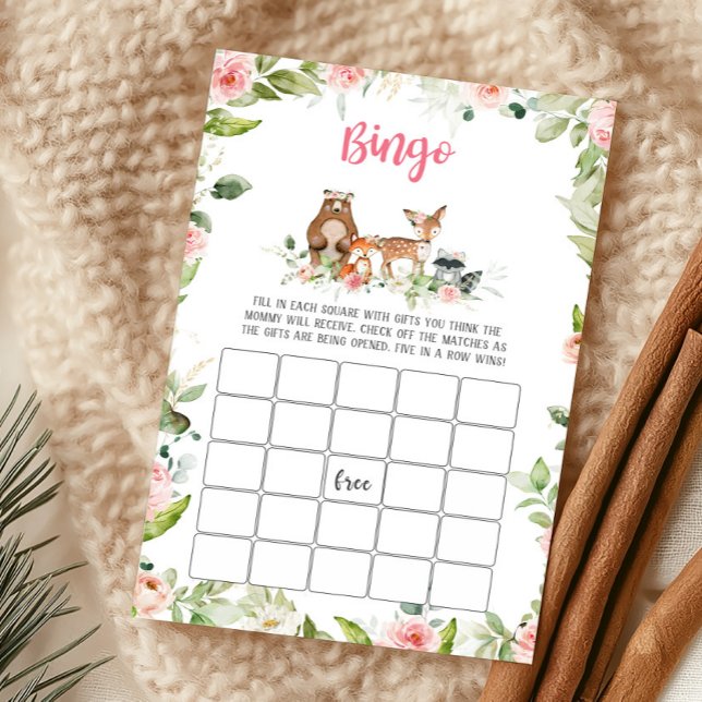 Jeu de bingo pour baby shower sur le thème floral  (Girl Woodland Animals Baby Shower Bingo Game)