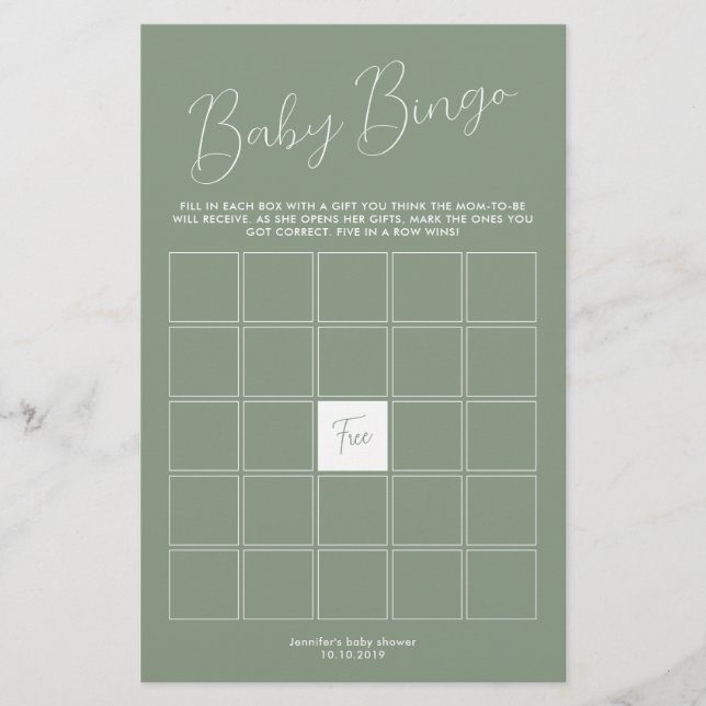 Jeu de Bingo pour Baby Shower Vert Sauge (Devant)