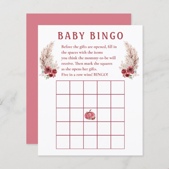 Jeu de bingo pour bébé Boho Pumpkin Baby Shower d' (Devant / Derrière)