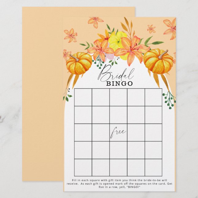 Jeu de bingo pour la douche de mariée citrouille d (Devant / Derrière)