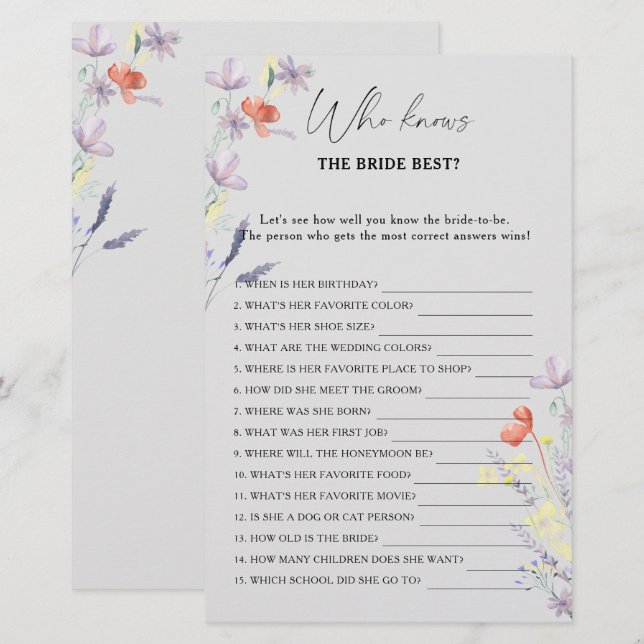 Jeu de boho floral qui connaît le mieux la mariée (Devant / Derrière)