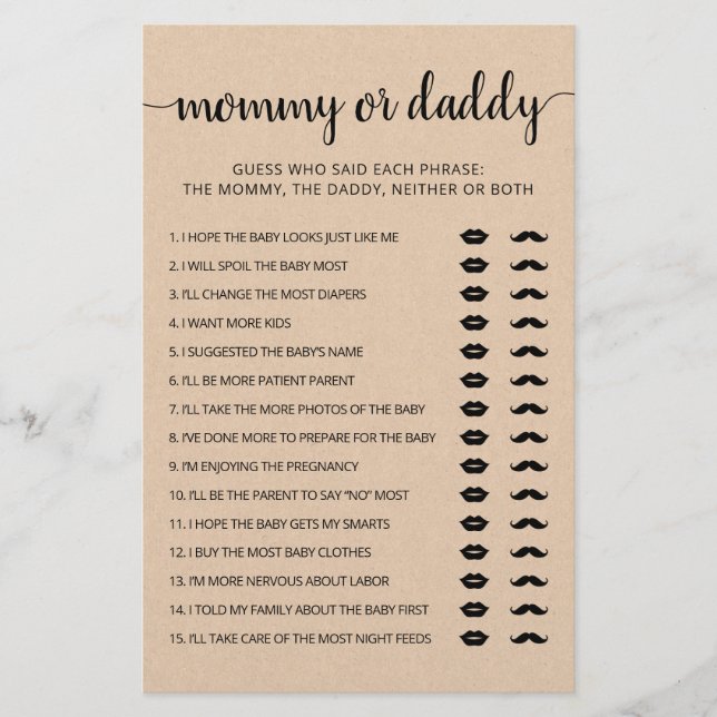 Jeu de carte pour Baby Shower « Maman ou Papa » (Devant)