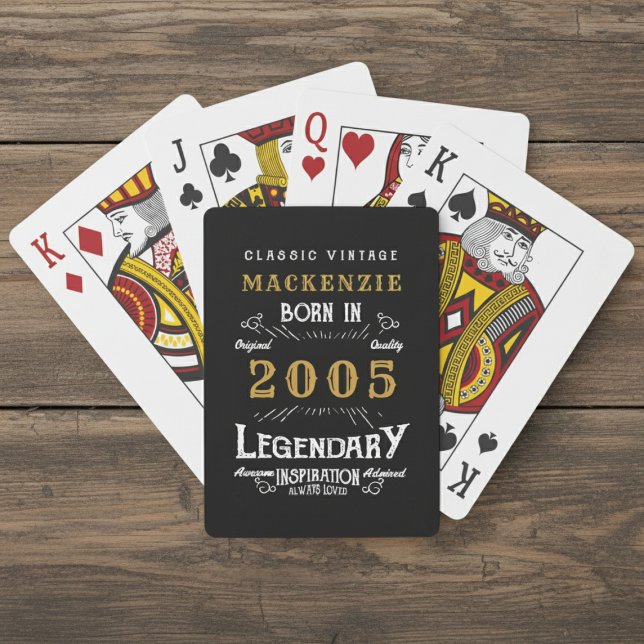 Jeu De Cartes 21st Birthday Born 2005 Legend Black Gold (Born 2005 playing cards. Wood background.)