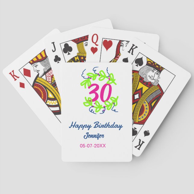 Jeu De Cartes 30e anniversaire vert bleu couronne nom date rusti (dos)