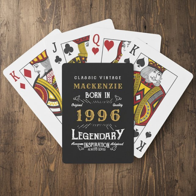 Jeu De Cartes 30th Birthday Born 1996 Legend Black Gold (Born 1996 playing cards. Wood background.)