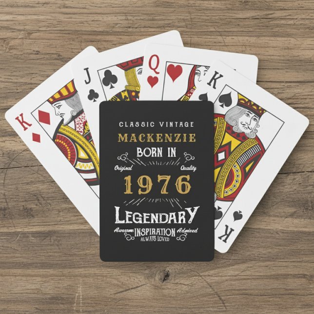 Jeu De Cartes 50th Birthday Born 1976 Legend Black Gold (Born 1976 playing cards. Wood background.)